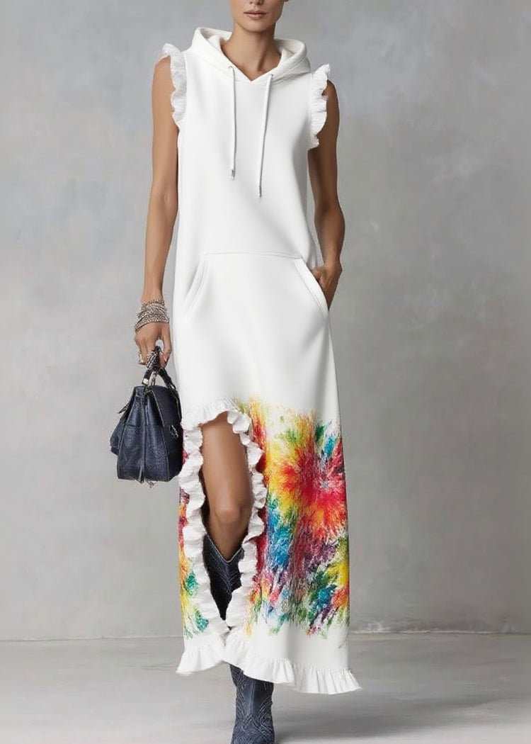 Elegant White Ruffled Print Drawstring Vacation Hooded Dresses Summer - Omychic