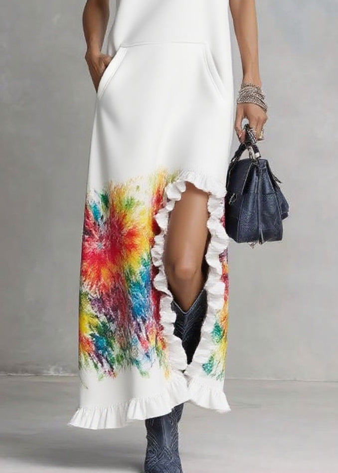 Elegant White Ruffled Print Drawstring Vacation Hooded Dresses Summer - Omychic