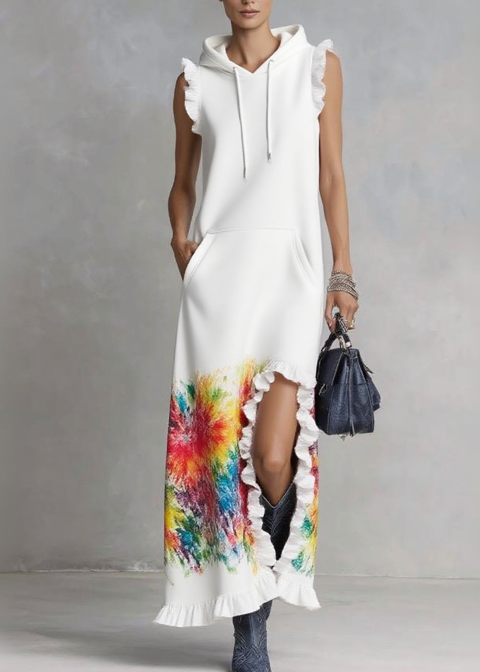 Elegant White Ruffled Print Drawstring Vacation Hooded Dresses Summer - Omychic