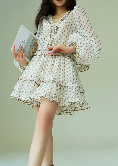 Elegant White Ruffled Print Shirts And Skirts Chiffon Two Piece Set Fall
