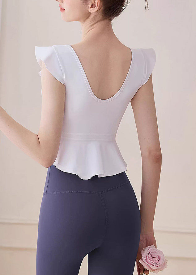 Elegant White Ruffled Sports Bra Tank Top
