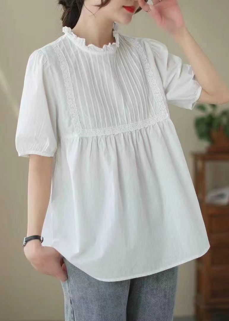 Elegant White Ruffled Wrinkled Cotton Shirt Top Summer