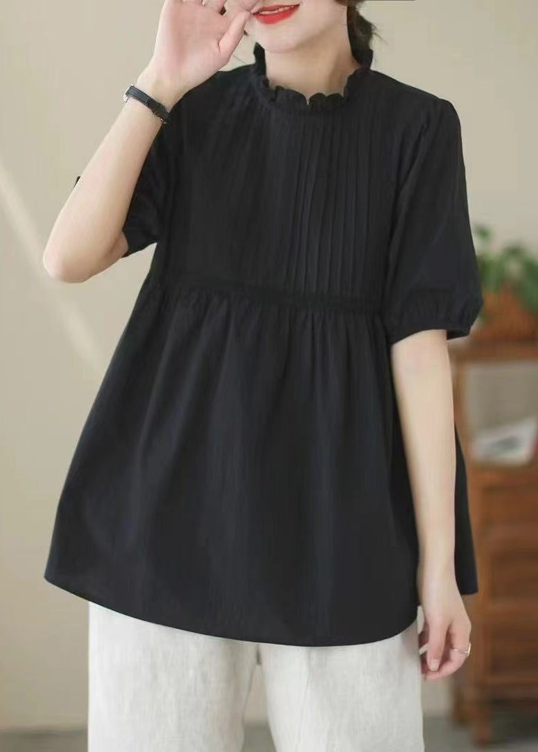Elegant White Ruffled Wrinkled Cotton Shirt Top Summer