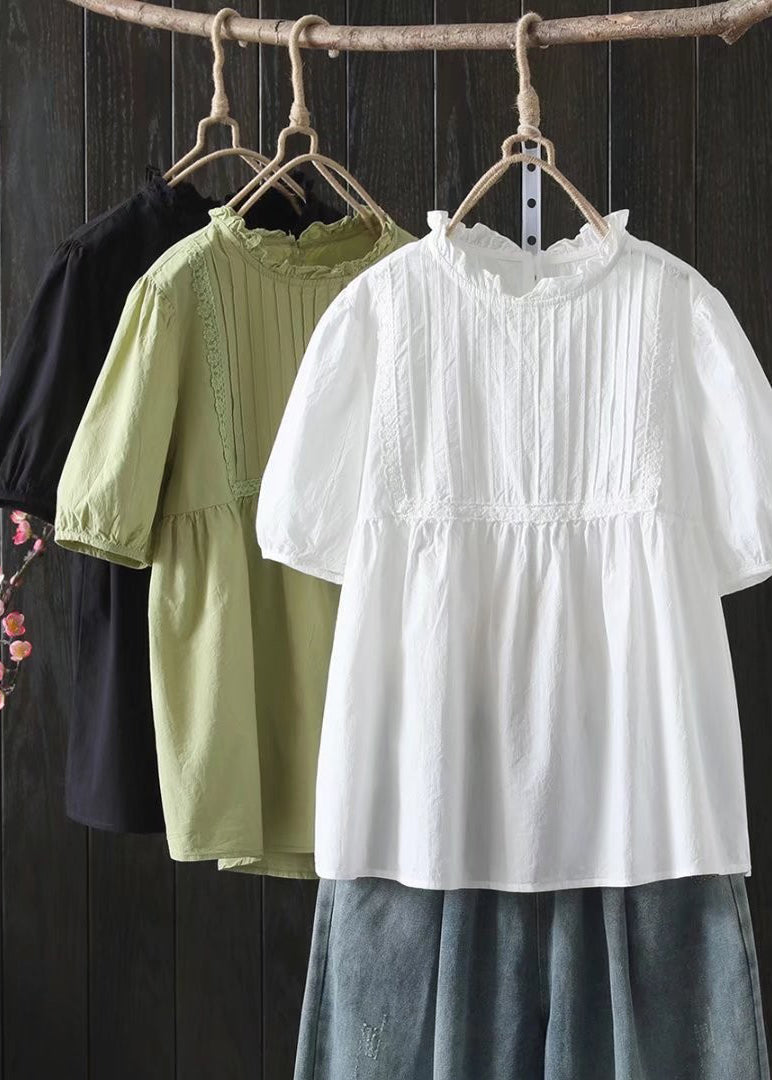 Elegant White Ruffled Wrinkled Cotton Shirt Top Summer