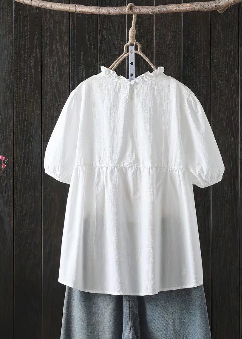 Elegant White Ruffled Wrinkled Cotton Shirt Top Summer