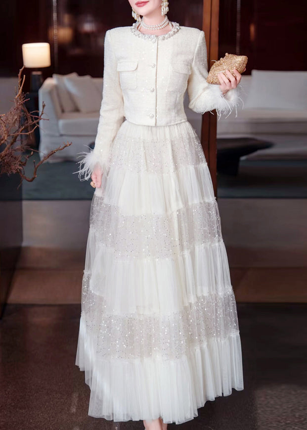 Elegant White Sequins Nail Bead Coats And Tulle Maxi Skirt Two Pieces Set Spring