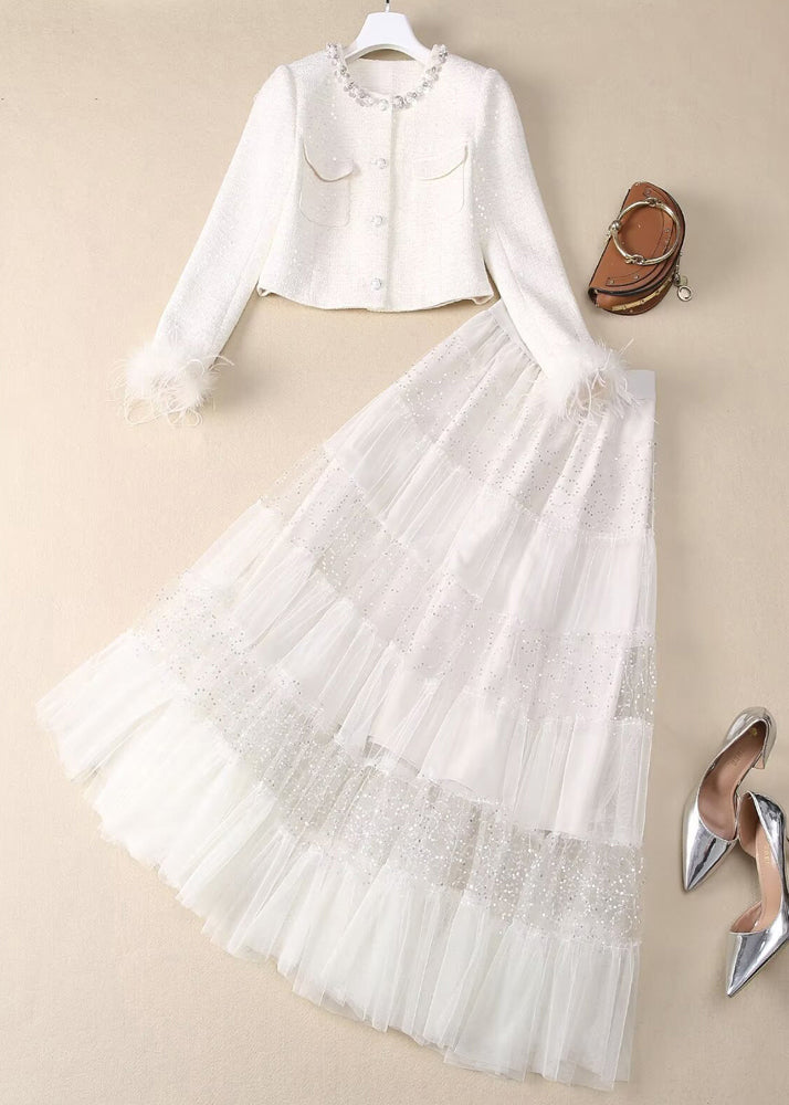 Elegant White Sequins Nail Bead Coats And Tulle Maxi Skirt Two Pieces Set Spring
