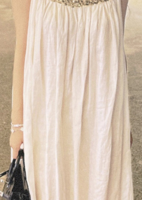 Elegant White Sequins Patchwork Cotton Long Dress Sleeveless