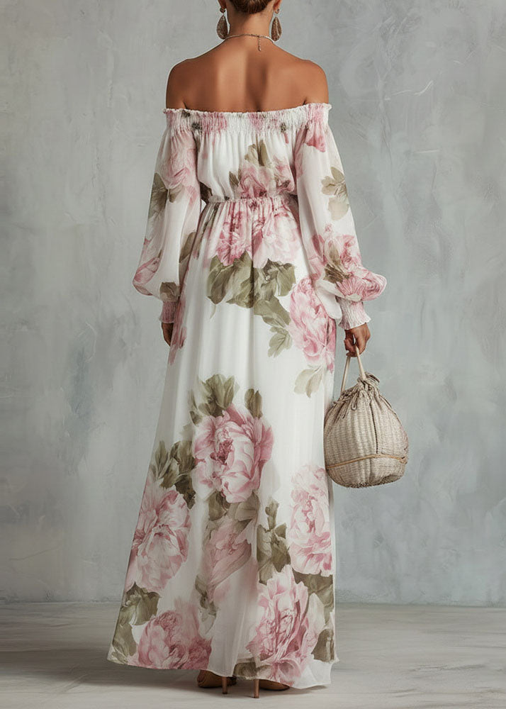 Elegant White Slash Neck Print Chiffon Maxi Dress Lantern Sleeve