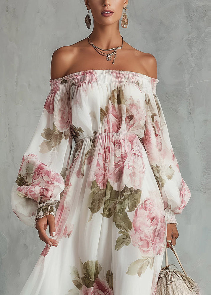 Elegant White Slash Neck Print Chiffon Maxi Dress Lantern Sleeve