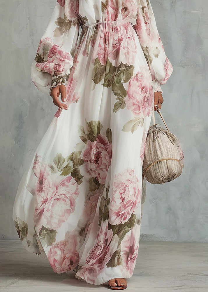 Elegant White Slash Neck Print Chiffon Maxi Dress Lantern Sleeve
