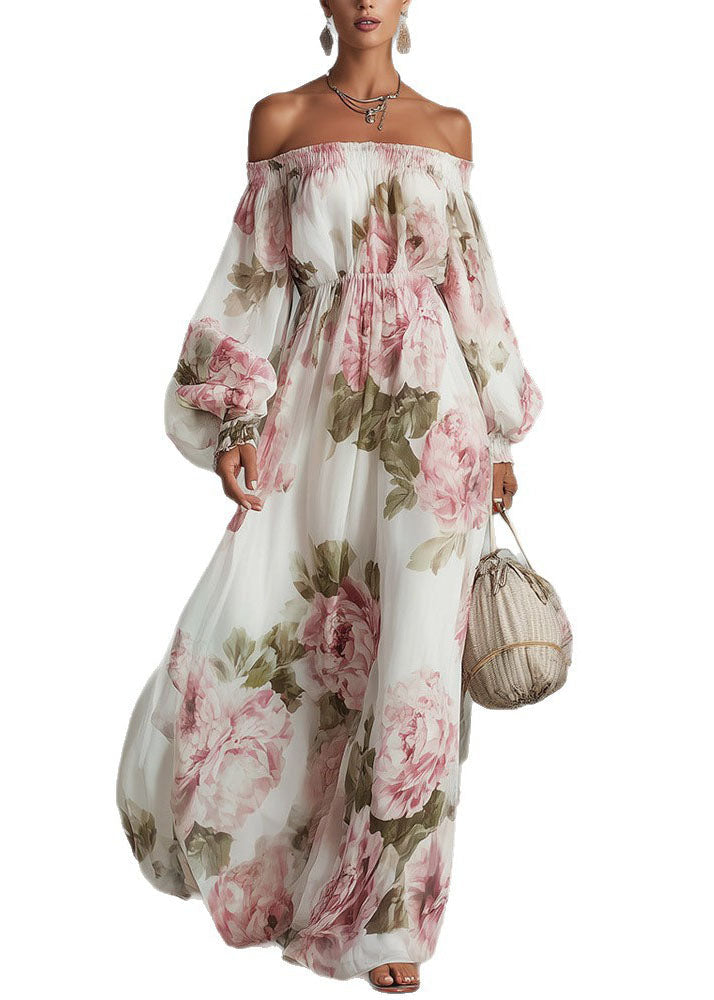 Elegant White Slash Neck Print Chiffon Maxi Dress Lantern Sleeve