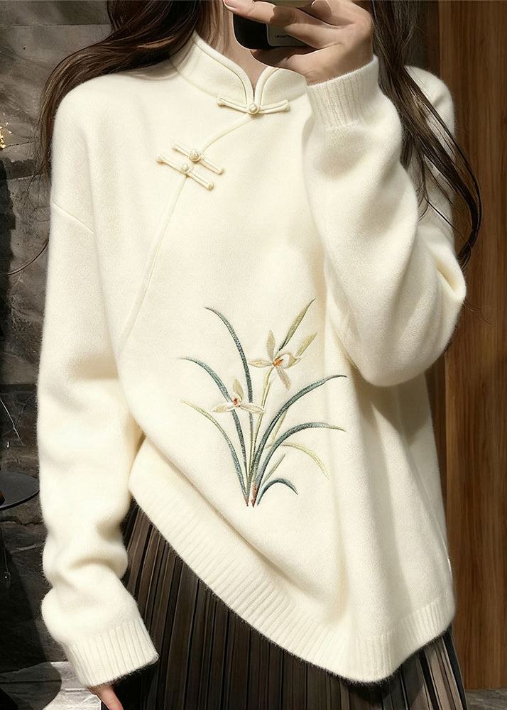 Elegant White Stand Collar Button Orchid Knit Sweaters Winter