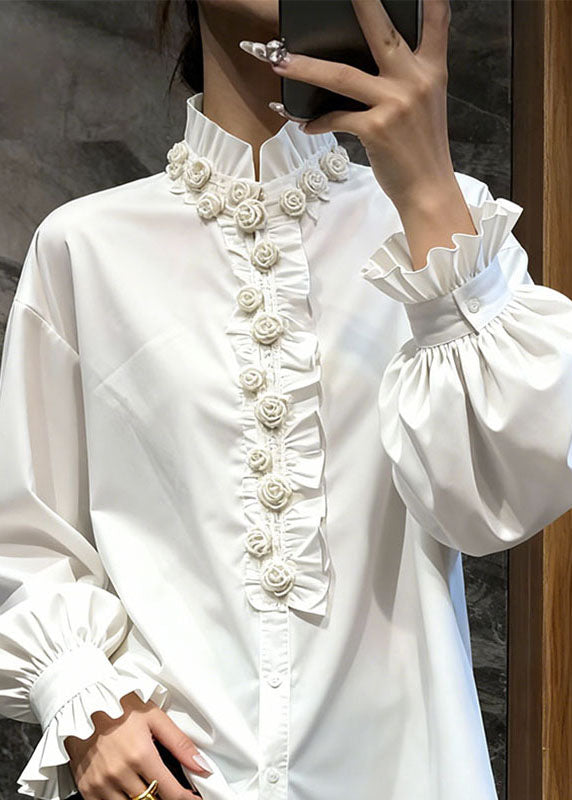 Elegant White Stand Collar Floral Ruffled Solid Top Fall