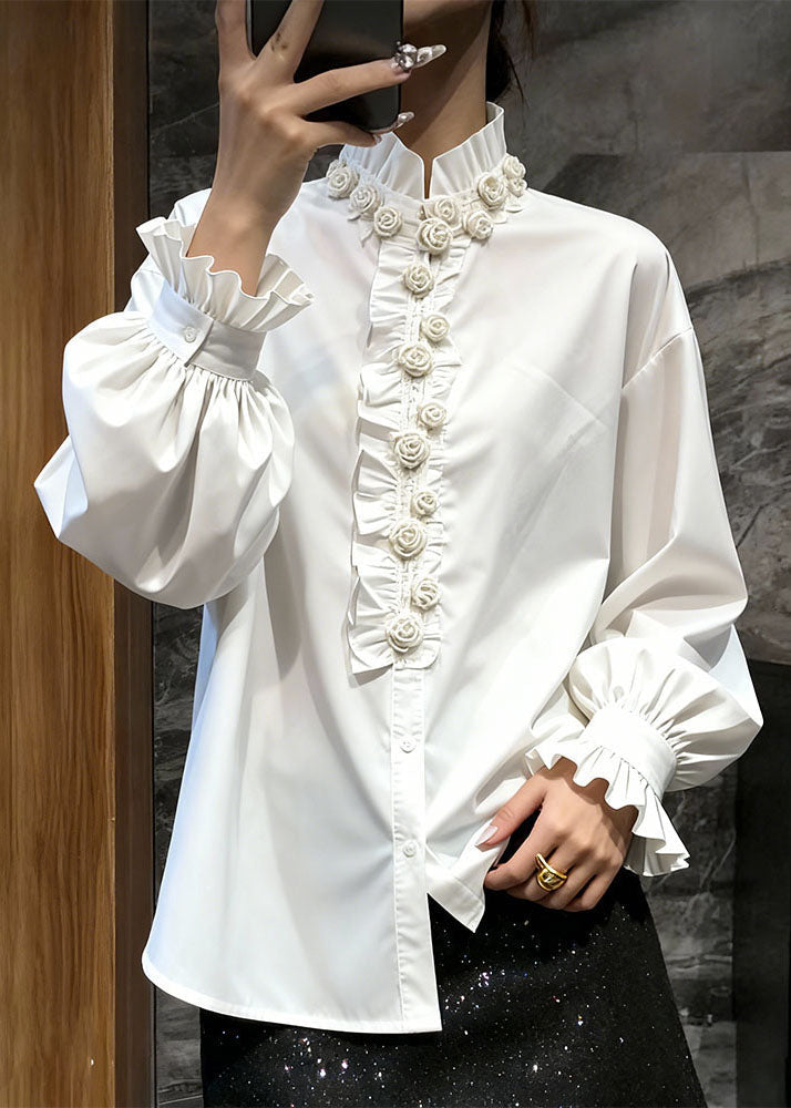 Elegant White Stand Collar Floral Ruffled Solid Top Fall