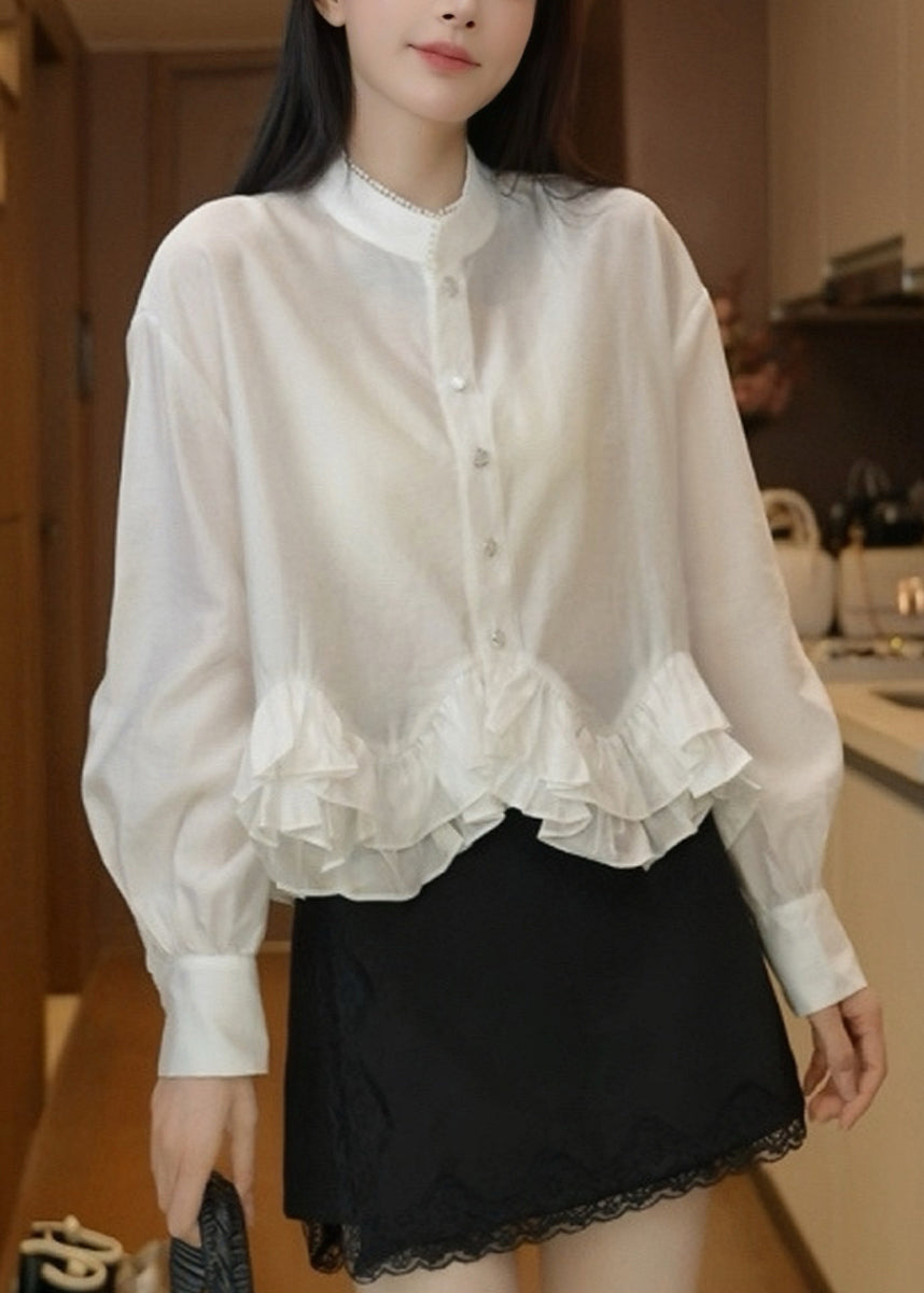 Elegant White Stand Collar Ruffled Cotton Blouses Fall