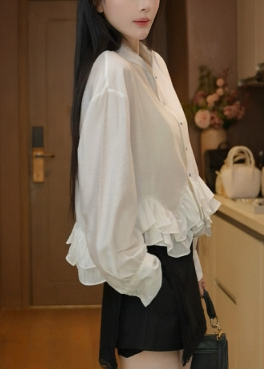 Elegant White Stand Collar Ruffled Cotton Blouses Fall