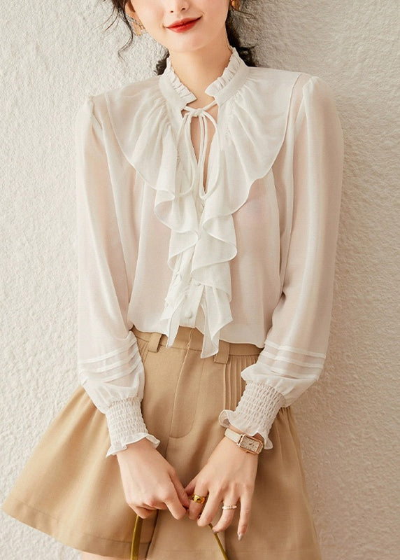Elegant White Stand Collar Tie Lace Lantern Sleeve