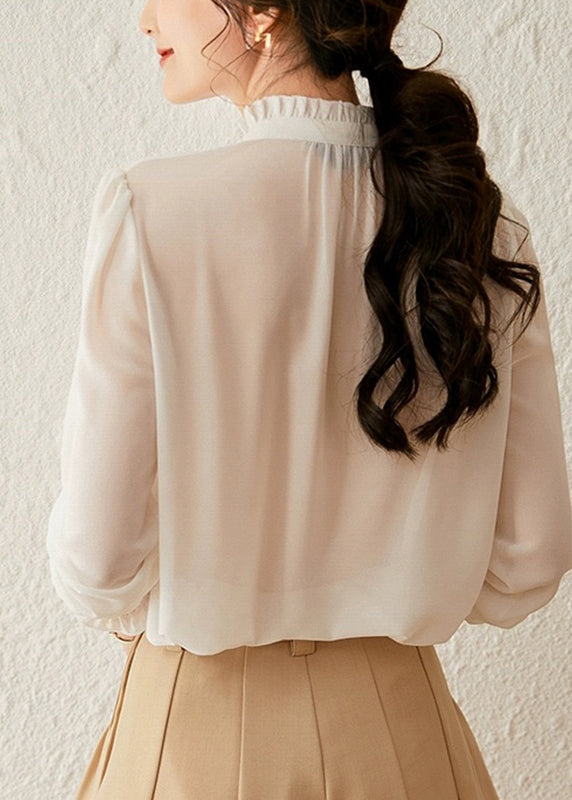 Elegant White Stand Collar Tie Lace Lantern Sleeve