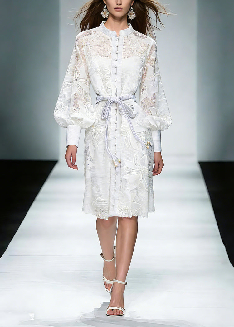 Elegant White Stand Collar Tie Waist Maxi Shirts Dresses Lantern Sleeve - Omychic