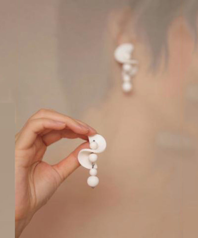 Elegant White Stelring Silver Beading Tassel Drop Earrings