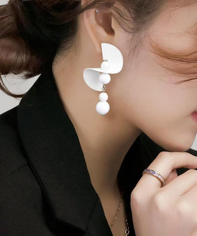 Elegant White Stelring Silver Beading Tassel Drop Earrings