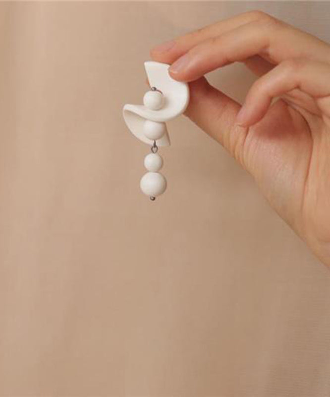 Elegant White Stelring Silver Beading Tassel Drop Earrings