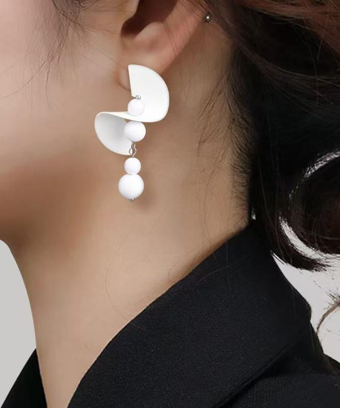 Elegant White Stelring Silver Beading Tassel Drop Earrings