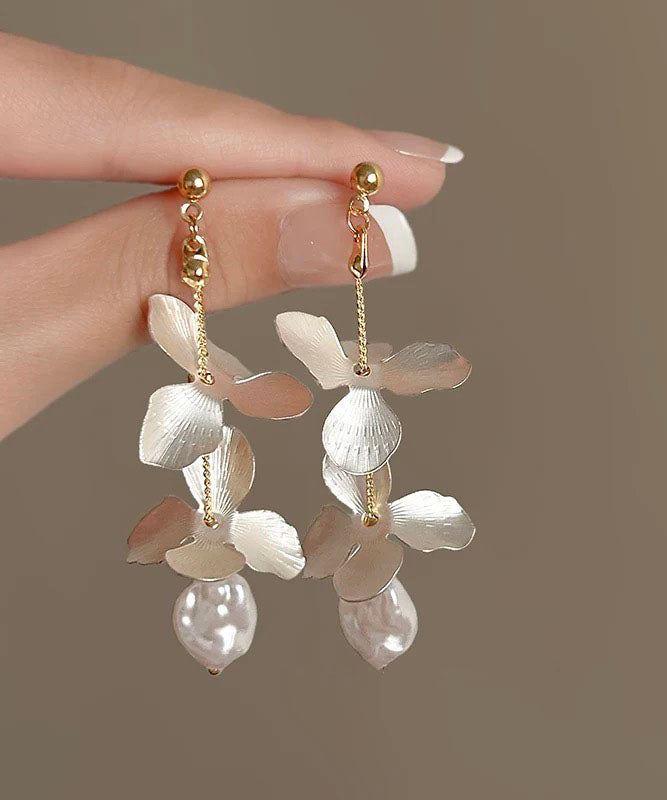 Elegant White Stelring Silver Overgild Pealr Iris Drop Earrings