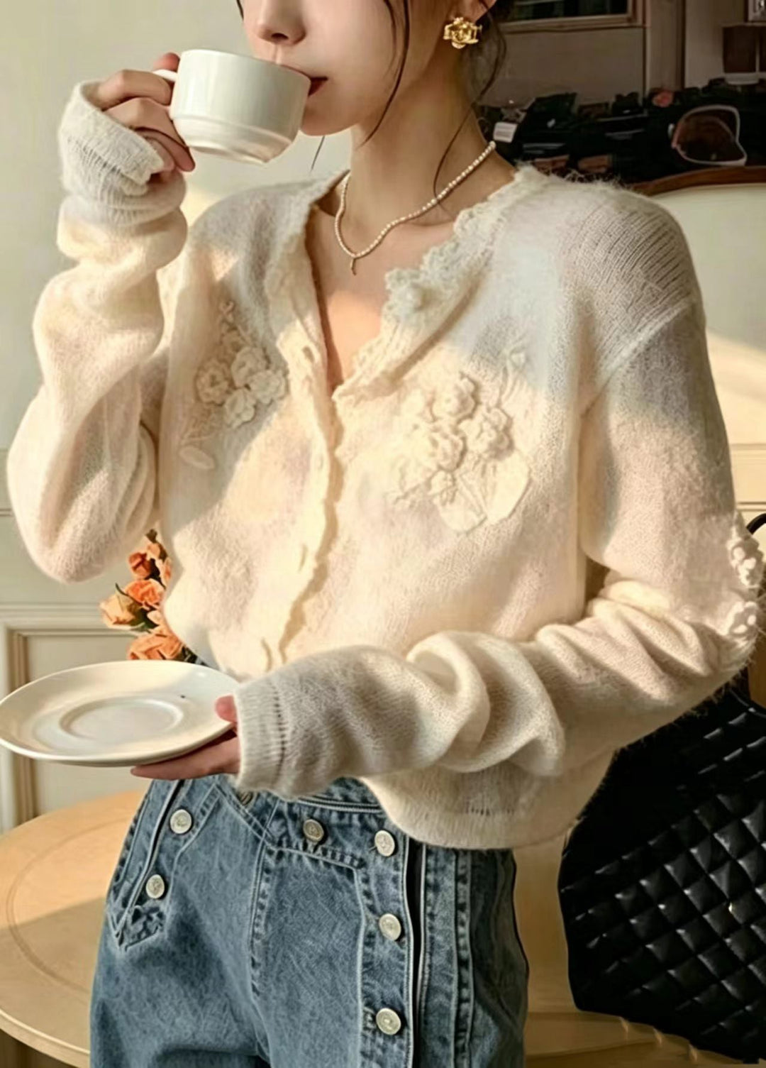 Elegant White Stereoscopic Floral Knit Cardigan Fall