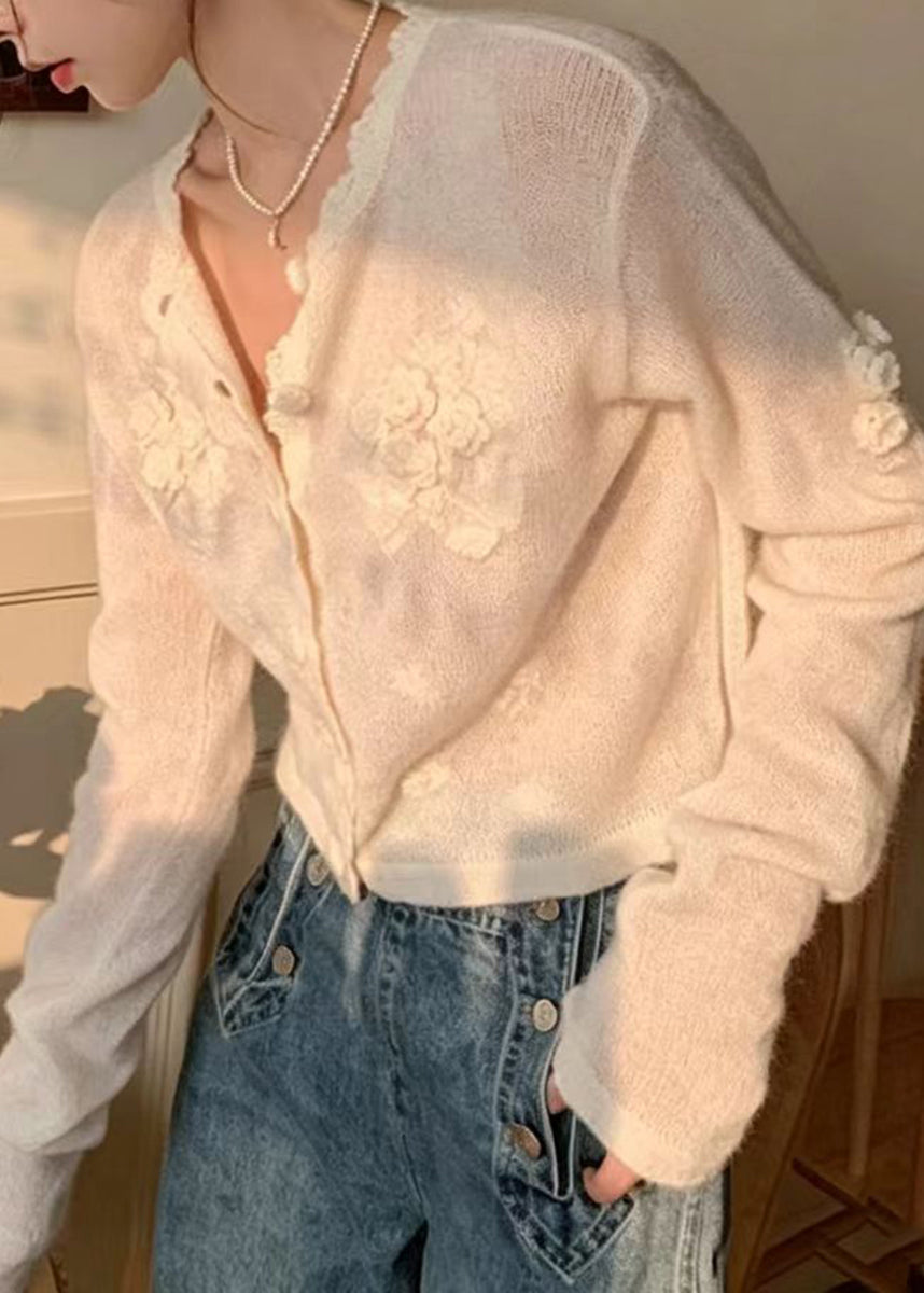 Elegant White Stereoscopic Floral Knit Cardigan Fall