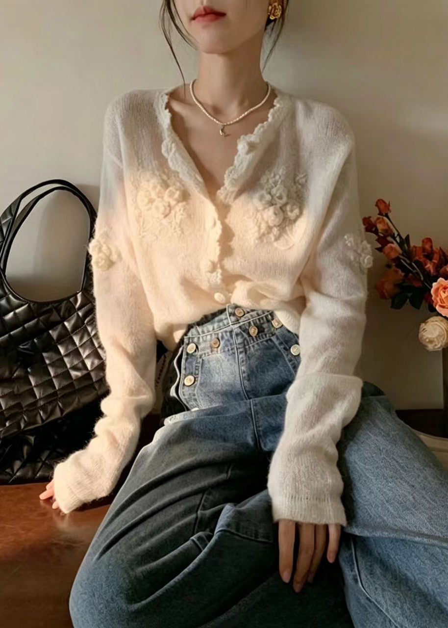 Elegant White Stereoscopic Floral Knit Cardigan Fall