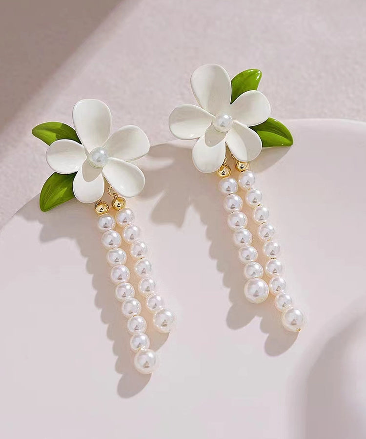 Elegant White Sterling Silver Alloy Pearl Floral Tassel Drop Earrings