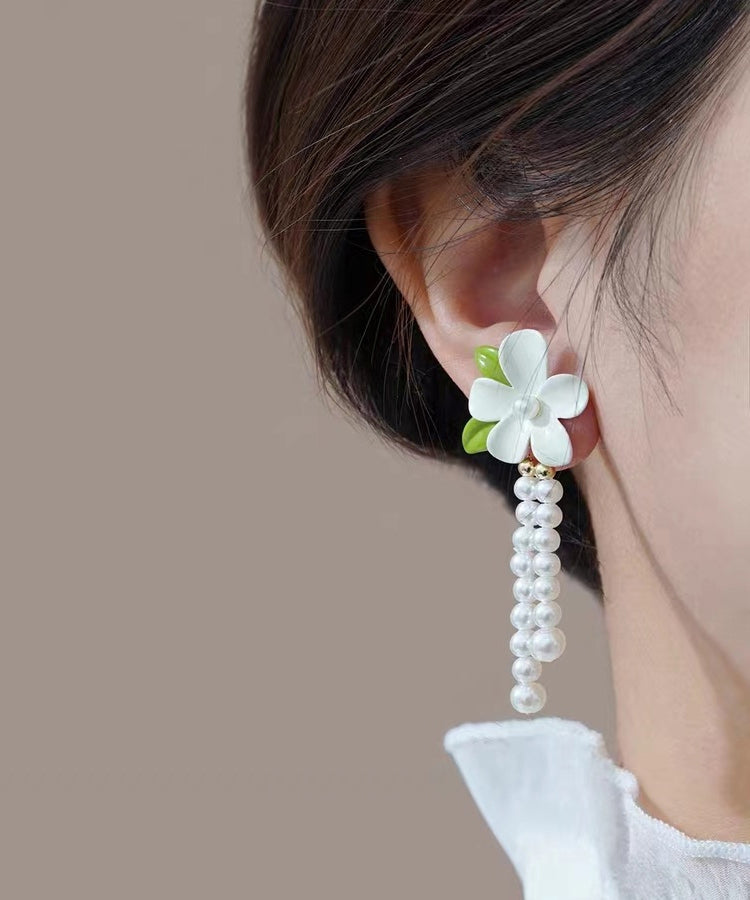Elegant White Sterling Silver Alloy Pearl Floral Tassel Drop Earrings