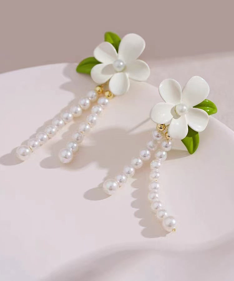 Elegant White Sterling Silver Alloy Pearl Floral Tassel Drop Earrings