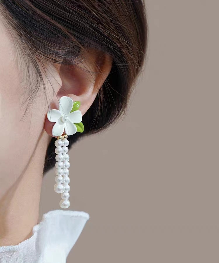 Elegant White Sterling Silver Alloy Pearl Floral Tassel Drop Earrings