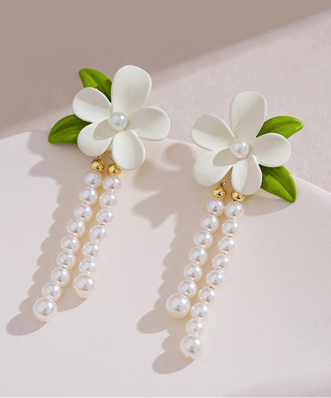 Elegant White Sterling Silver Alloy Pearl Floral Tassel Drop Earrings