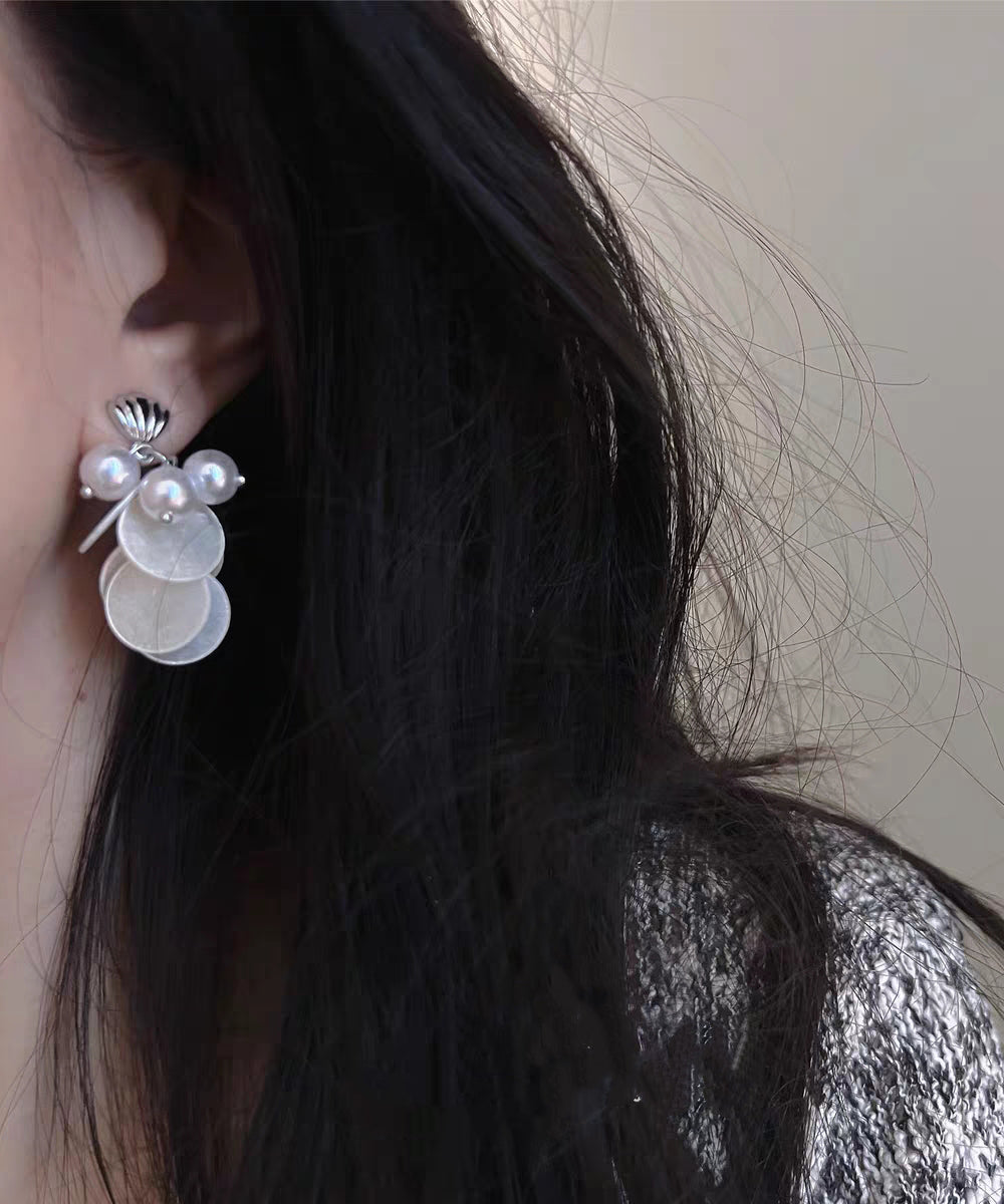 Elegant White Sterling Silver Alloy Shell Pearl Tassel Stud Earrings