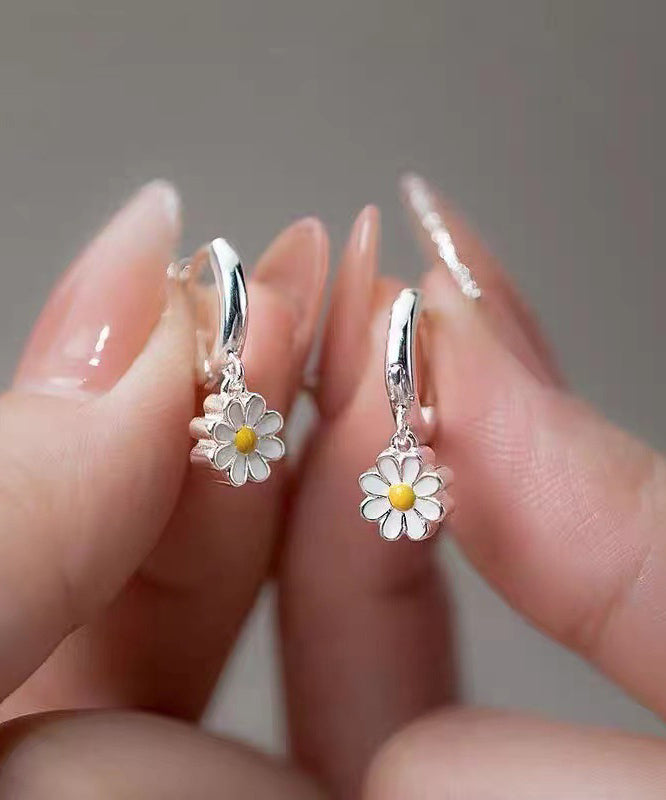 Elegant White Sterling Silver Chrysanthemum Hoop Earrings