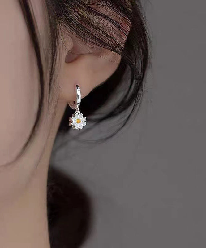 Elegant White Sterling Silver Chrysanthemum Hoop Earrings