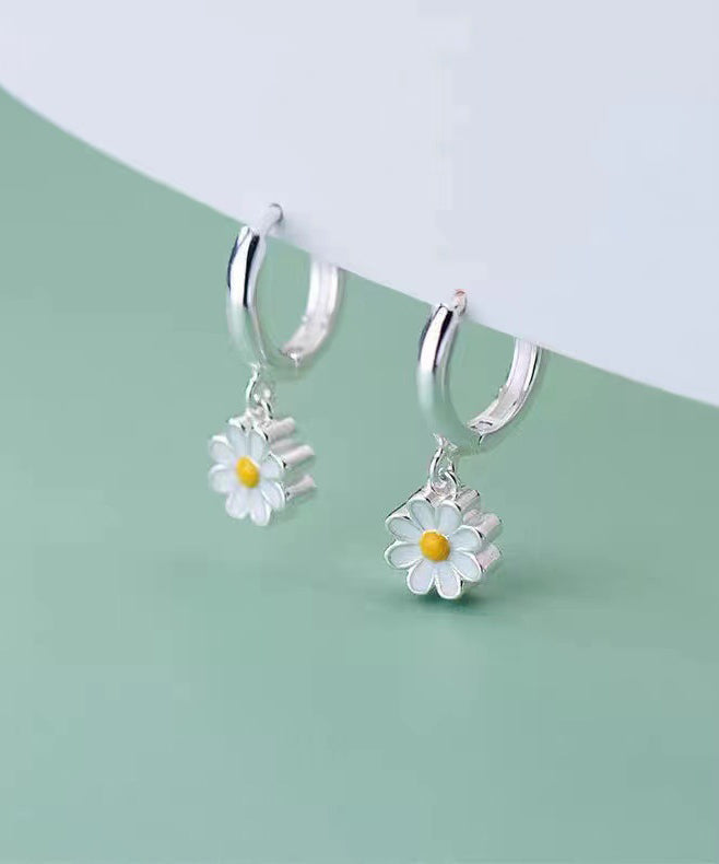 Elegant White Sterling Silver Chrysanthemum Hoop Earrings