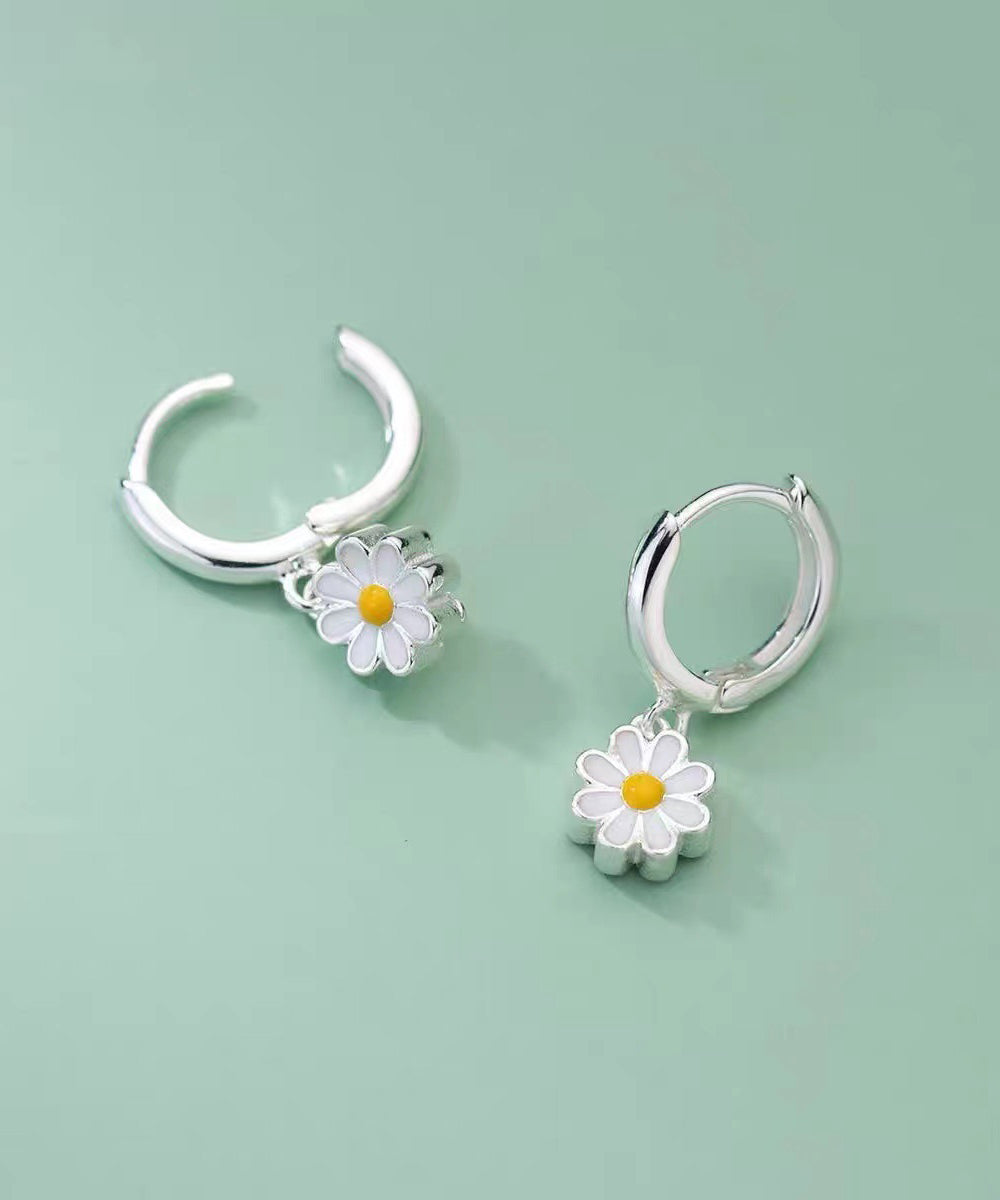 Elegant White Sterling Silver Chrysanthemum Hoop Earrings
