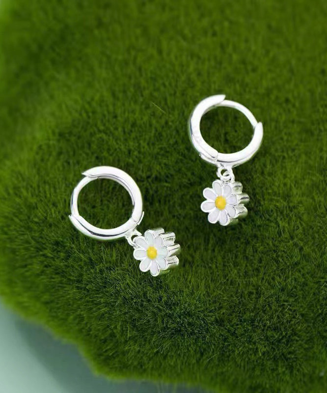 Elegant White Sterling Silver Chrysanthemum Hoop Earrings