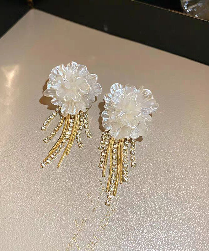 Elegant White Sterling Silver Overgild Floral Tassel Drop Earrings