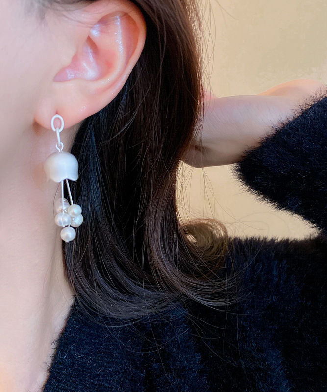 Elegant White Sterling Silver Pearl Lily Of The Valley Tassel Drop Earrings