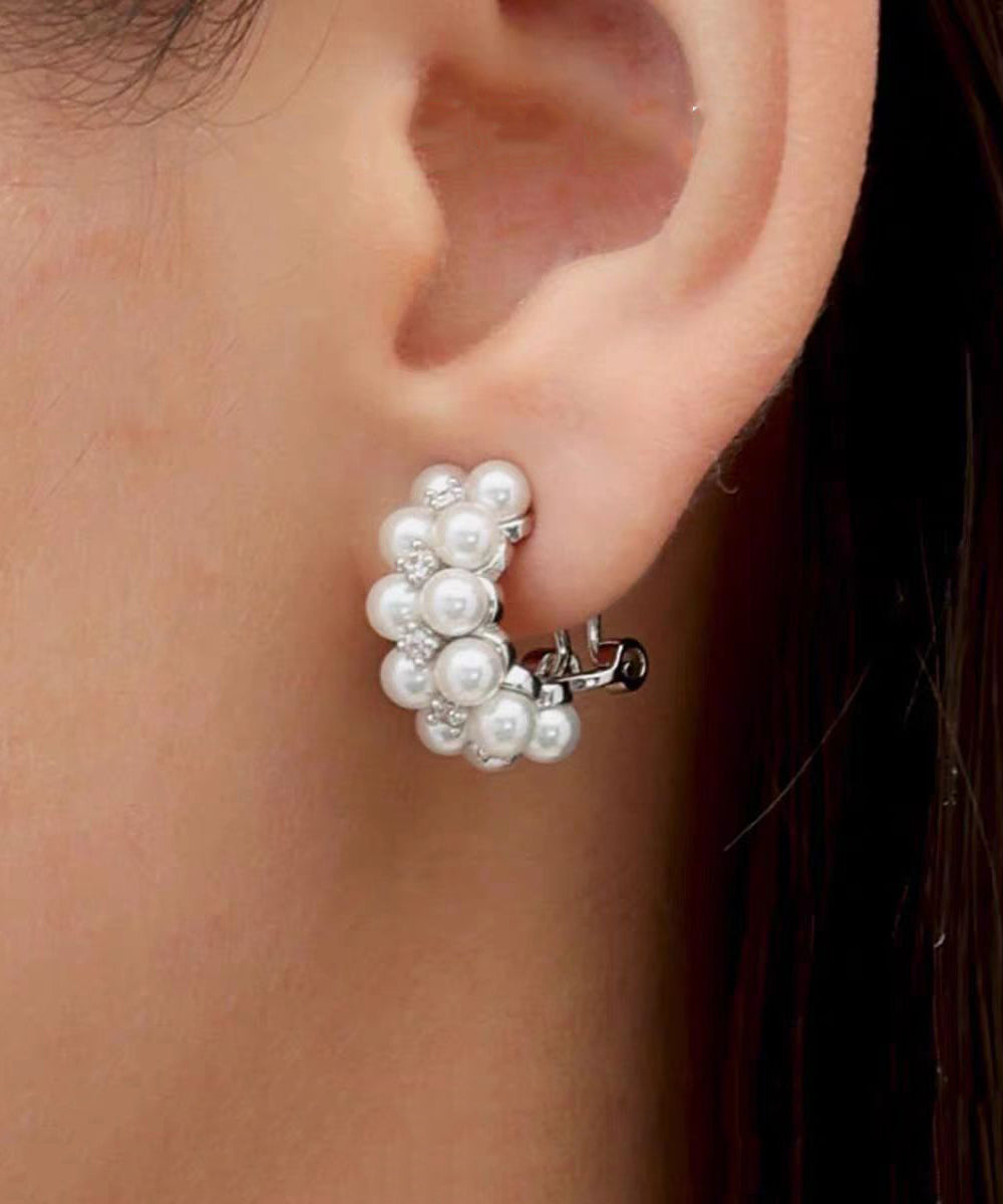Elegant White Sterling Silver Zircon Double-Layer Pearl Hoop Earrings
