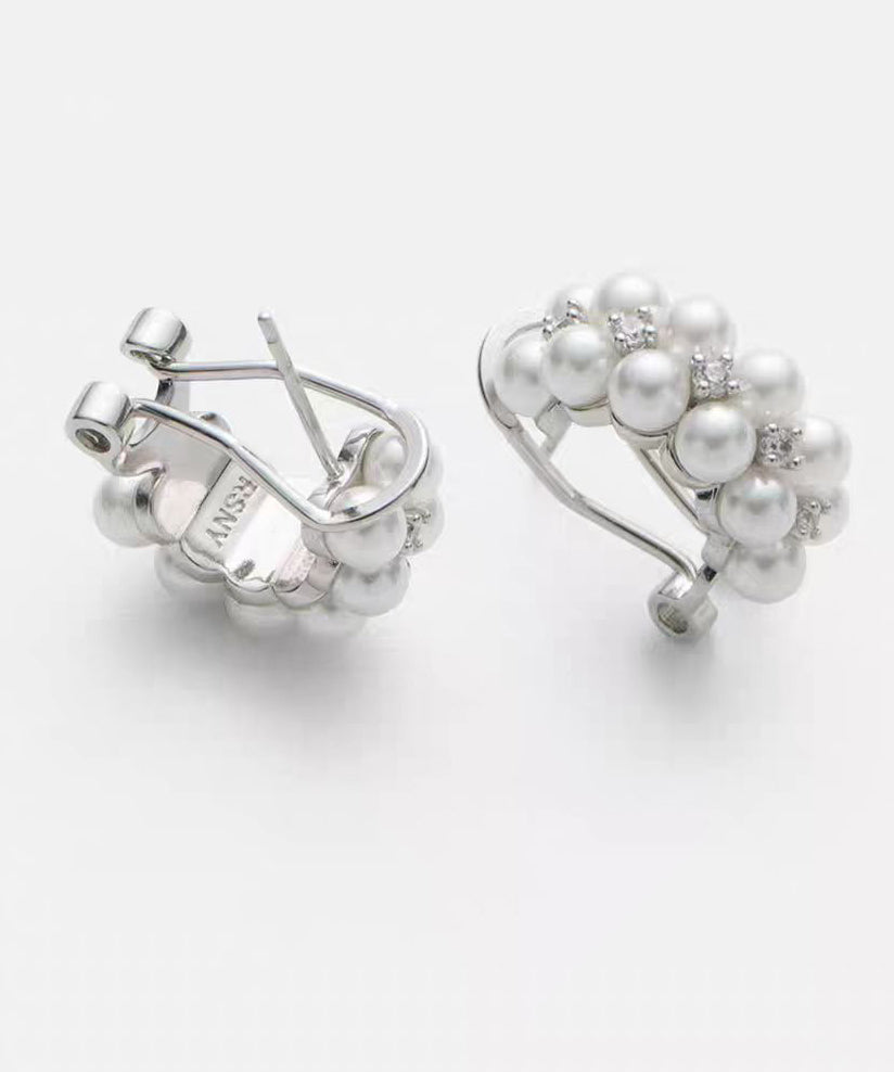 Elegant White Sterling Silver Zircon Double-Layer Pearl Hoop Earrings