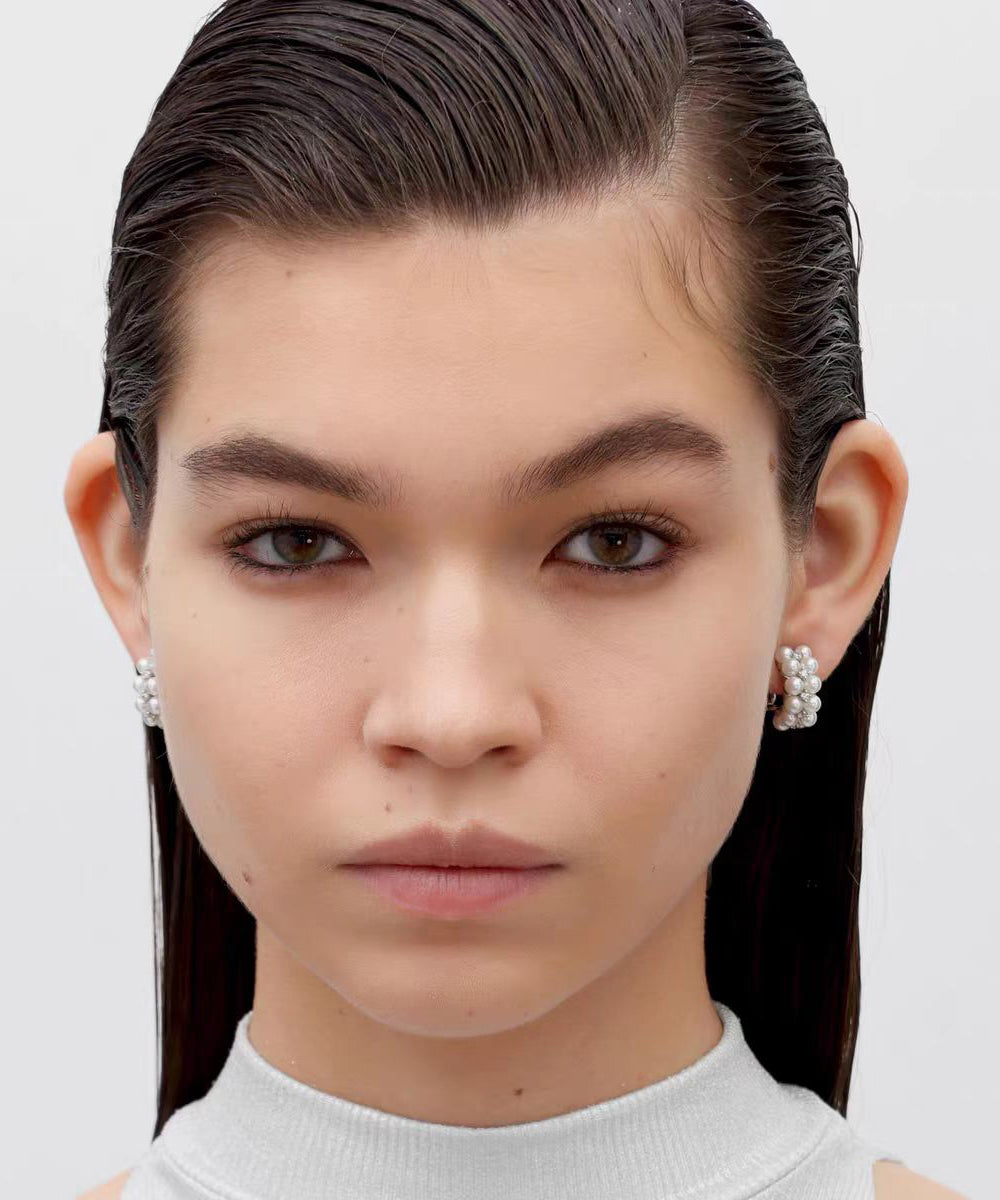 Elegant White Sterling Silver Zircon Double-Layer Pearl Hoop Earrings