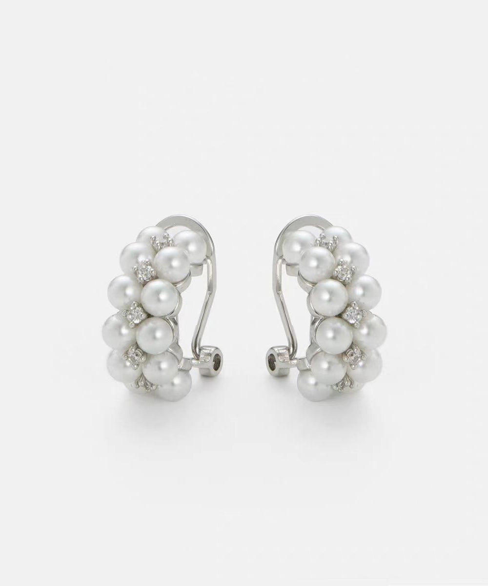 Elegant White Sterling Silver Zircon Double-Layer Pearl Hoop Earrings