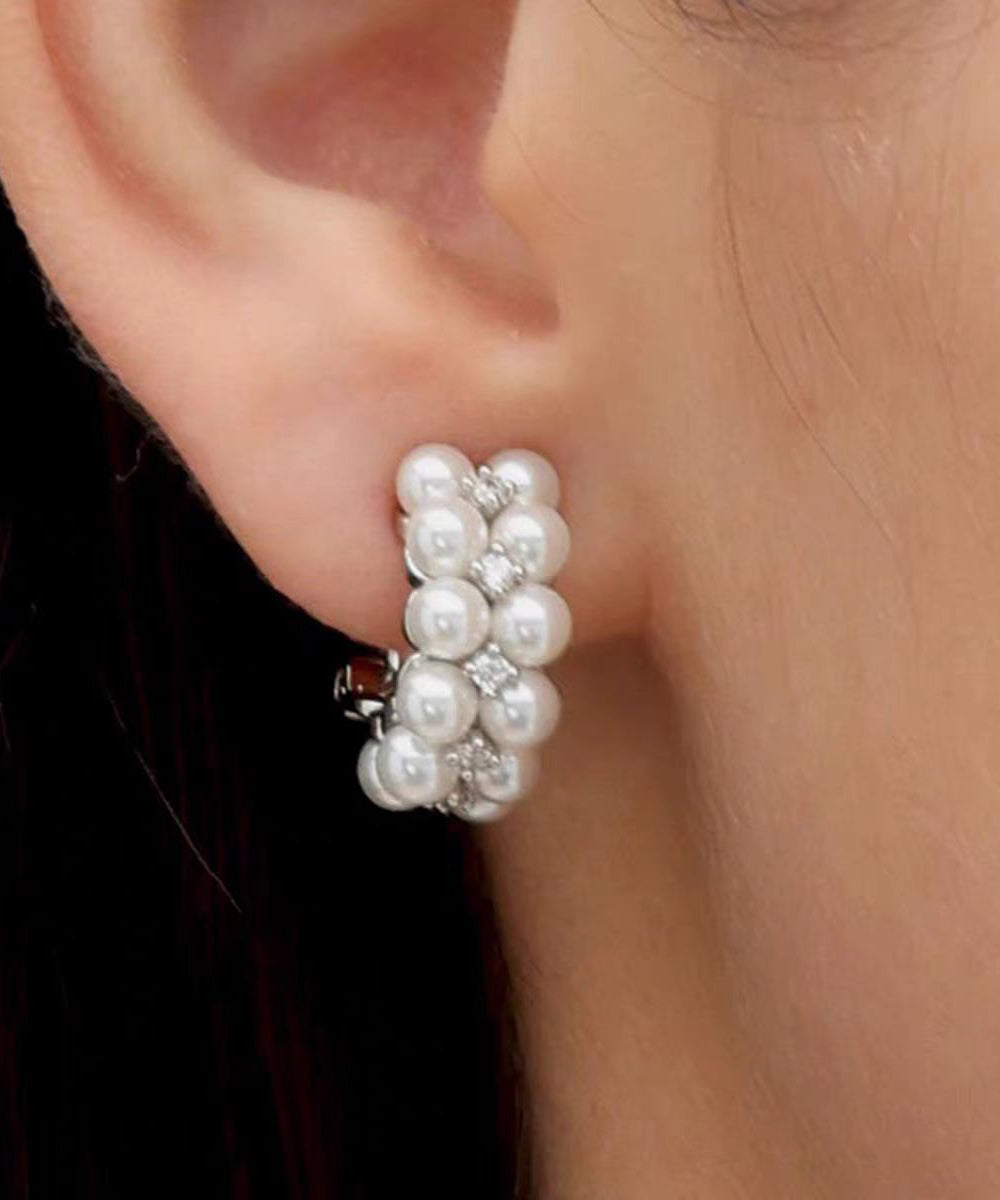 Elegant White Sterling Silver Zircon Double-Layer Pearl Hoop Earrings
